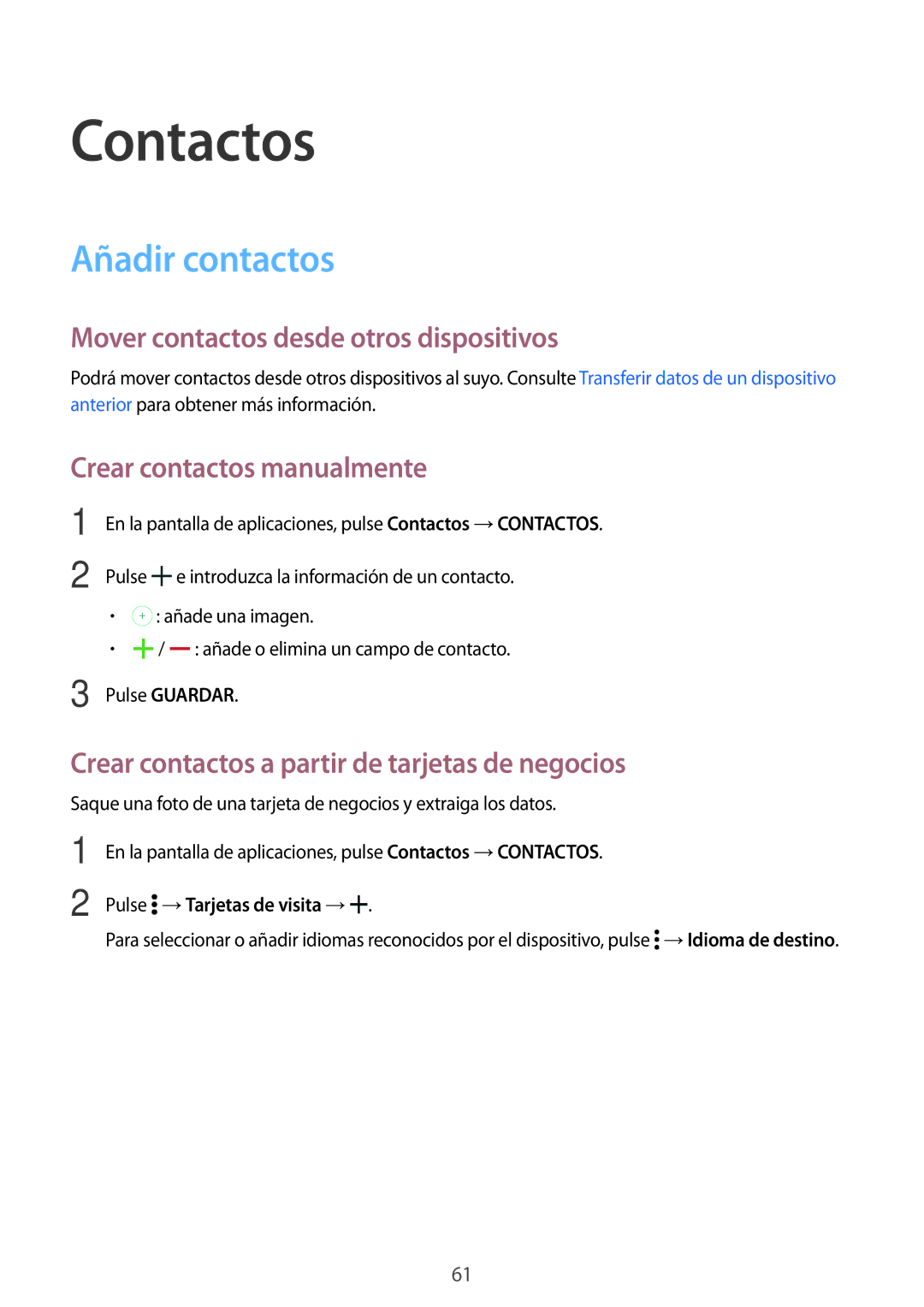 Samsung SM-T700NTSATGY Contactos, Añadir contactos, Mover contactos desde otros dispositivos, Crear contactos manualmente 