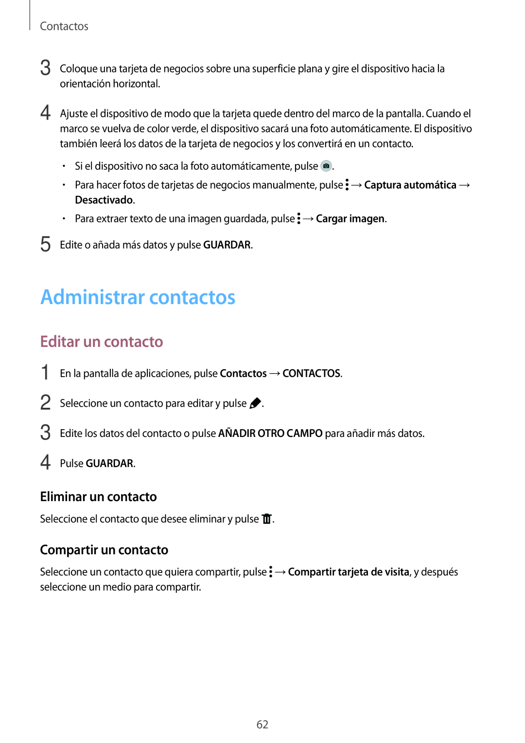 Samsung SM-T700NZWAPHE manual Administrar contactos, Editar un contacto, Eliminar un contacto, Compartir un contacto 