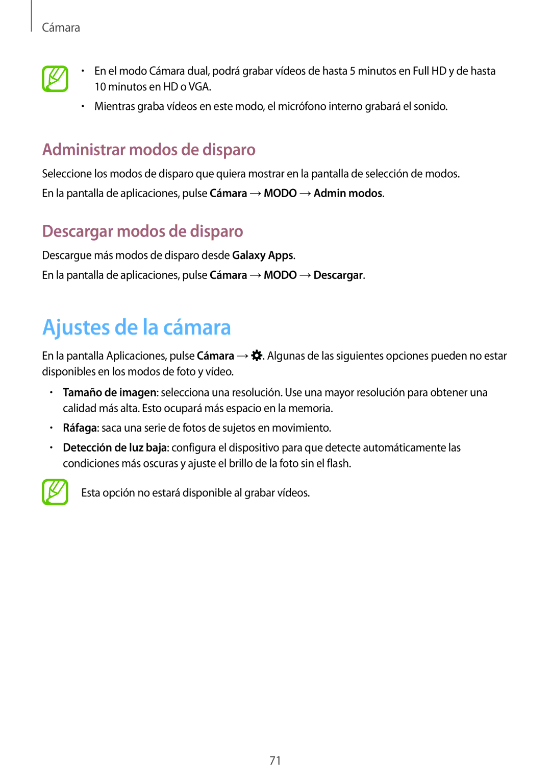 Samsung SM-T700NTSAXEH, SM-T700NZWAXEO manual Ajustes de la cámara, Administrar modos de disparo, Descargar modos de disparo 