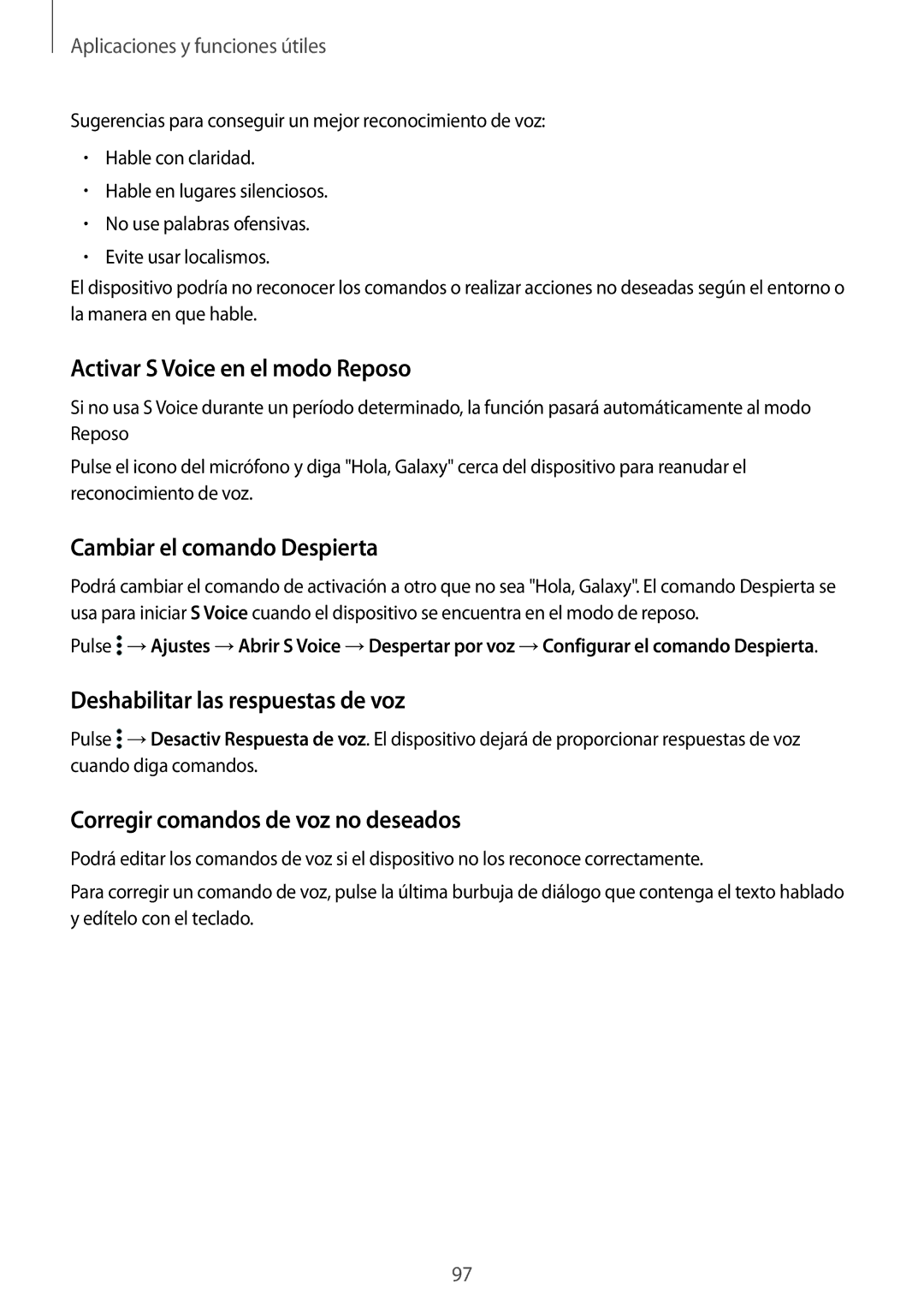 Samsung SM-T700NZWADBT Activar S Voice en el modo Reposo, Cambiar el comando Despierta, Deshabilitar las respuestas de voz 