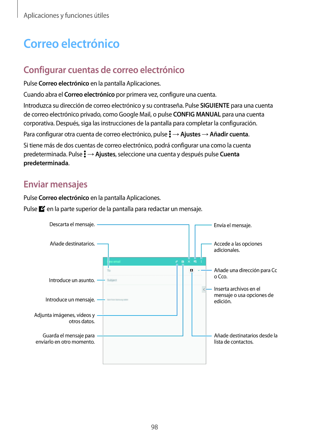 Samsung SM-T700NZWATPH, SM-T700NZWAXEO manual Correo electrónico, Configurar cuentas de correo electrónico, Enviar mensajes 