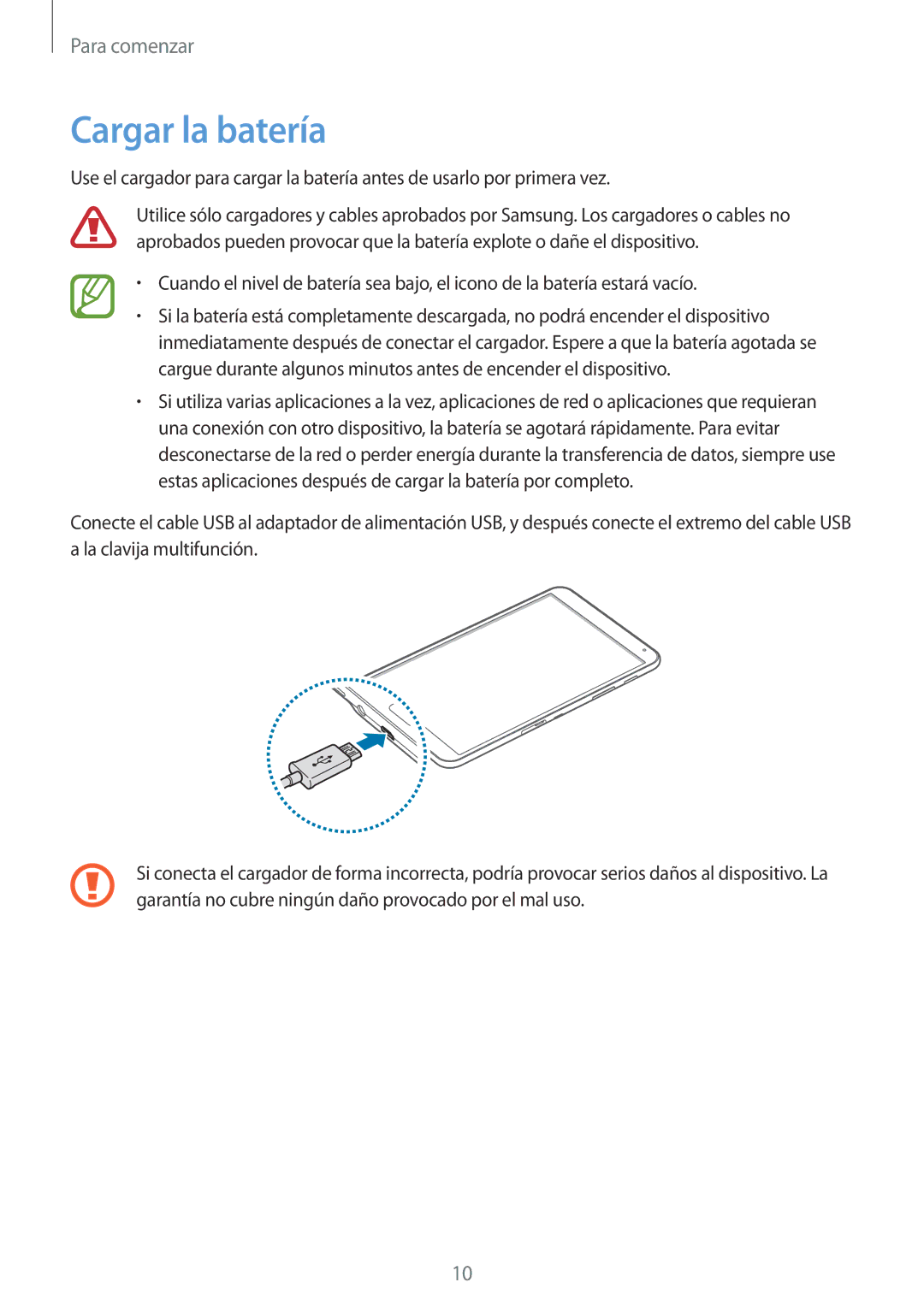 Samsung SM-T700NZWATPH, SM-T700NZWAXEO, SM-T700NZWADBT, SM-T700NTSATPH, SM-T700NTSAPHE, SM-T700NTSATGY manual Cargar la batería 