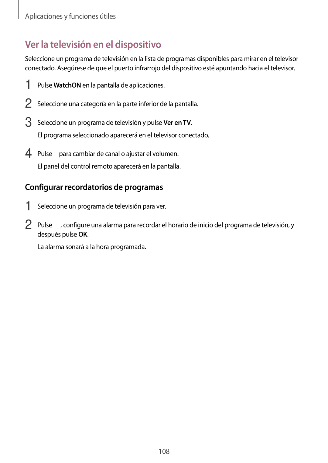 Samsung SM-T700NTSAPHE, SM-T700NZWAXEO manual Ver la televisión en el dispositivo, Configurar recordatorios de programas 