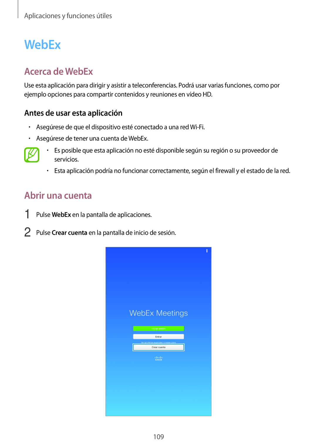 Samsung SM-T700NTSATGY, SM-T700NZWAXEO, SM-T700NZWADBT Acerca de WebEx, Abrir una cuenta, Antes de usar esta aplicación 