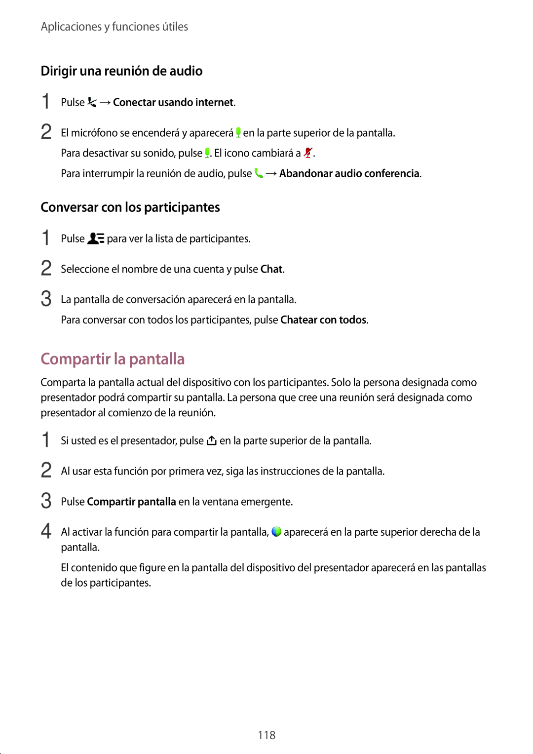 Samsung SM-T700NZWAPHE manual Compartir la pantalla, Dirigir una reunión de audio, Conversar con los participantes 