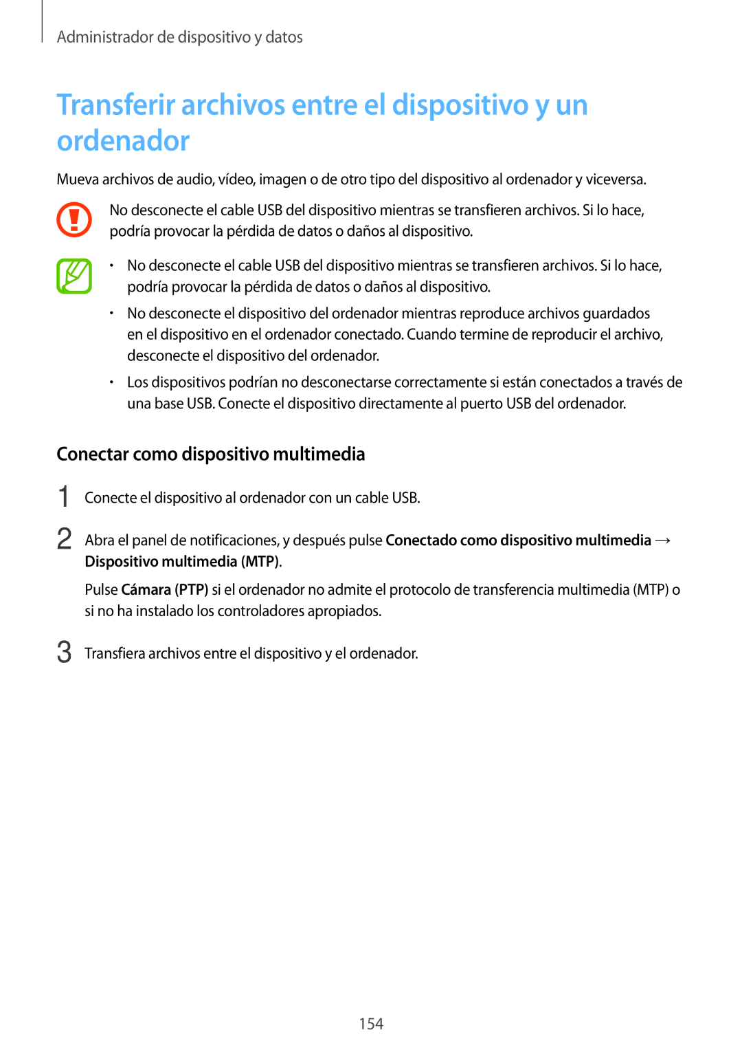 Samsung SM-T700NZWATPH manual Transferir archivos entre el dispositivo y un ordenador, Conectar como dispositivo multimedia 