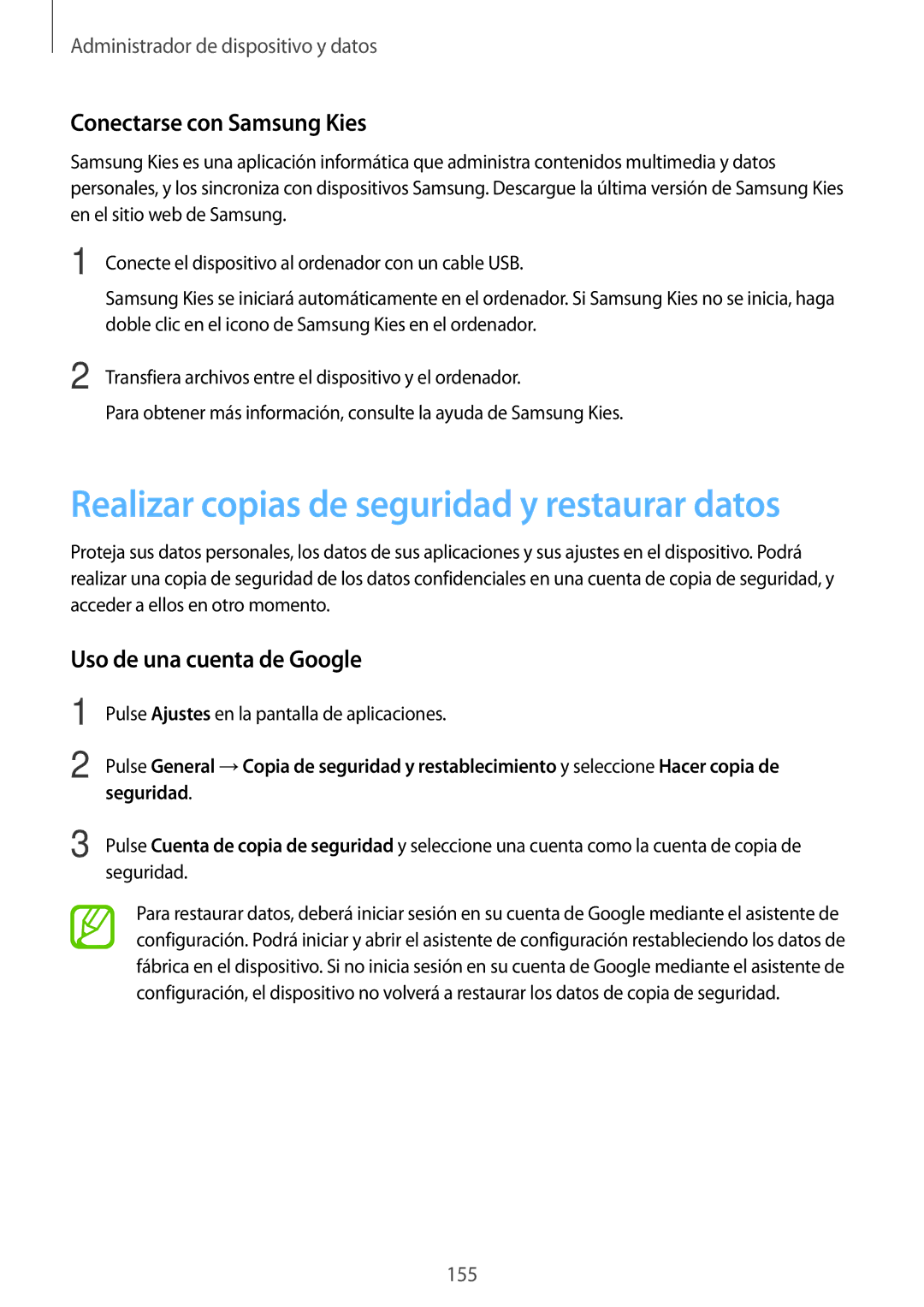 Samsung SM-T700NTSATPH manual Realizar copias de seguridad y restaurar datos, Conectarse con Samsung Kies, Seguridad 