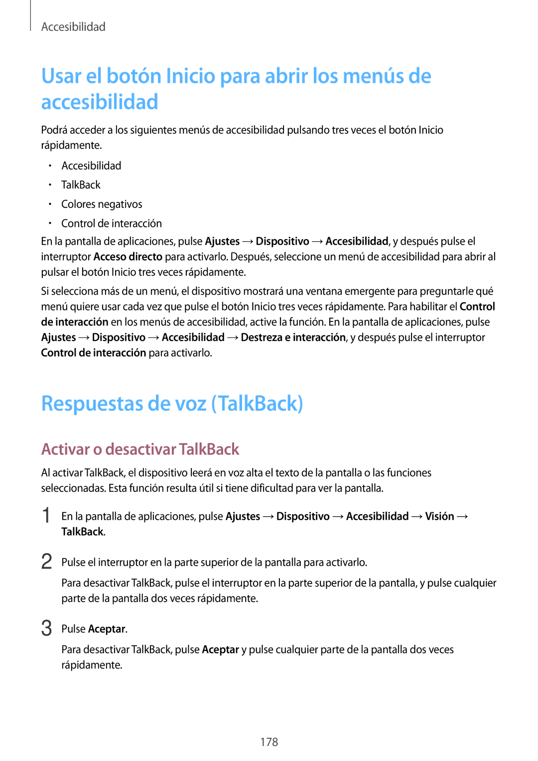 Samsung SM-T700NZWATPH manual Usar el botón Inicio para abrir los menús de accesibilidad, Respuestas de voz TalkBack 