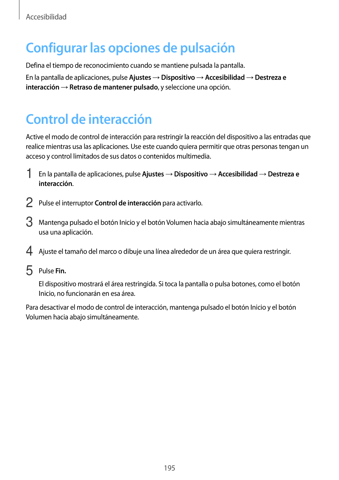 Samsung SM-T700NTSATPH, SM-T700NZWAXEO, SM-T700NZWADBT manual Configurar las opciones de pulsación, Control de interacción 