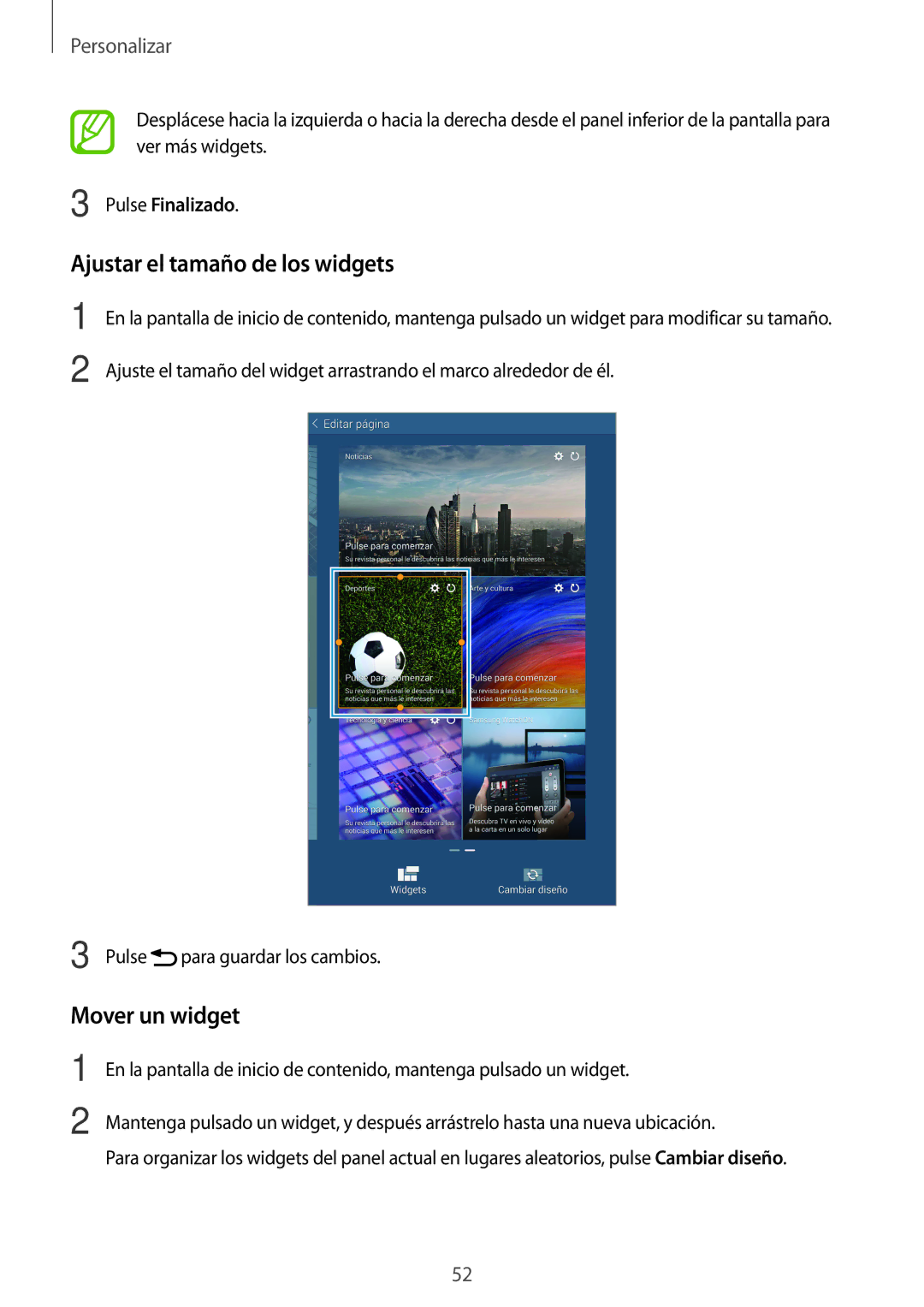 Samsung SM-T700NTSAPHE, SM-T700NZWAXEO, SM-T700NZWADBT Ajustar el tamaño de los widgets, Mover un widget, Pulse Finalizado 