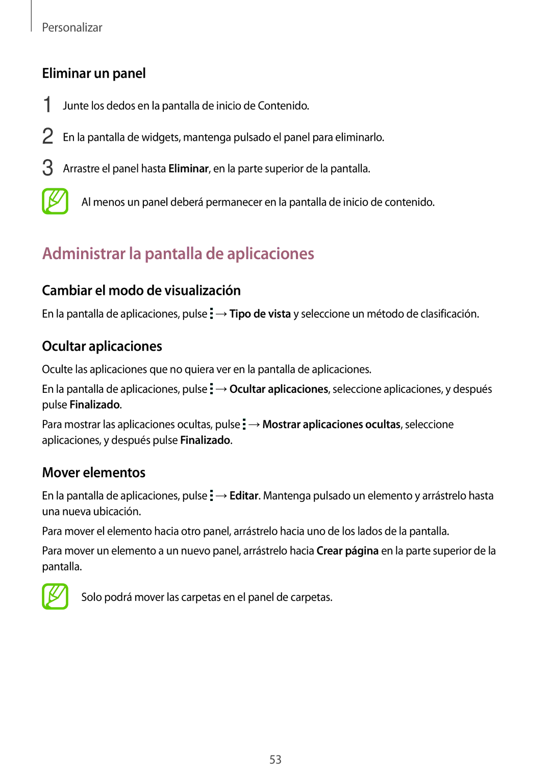 Samsung SM-T700NTSATGY manual Administrar la pantalla de aplicaciones, Eliminar un panel, Cambiar el modo de visualización 