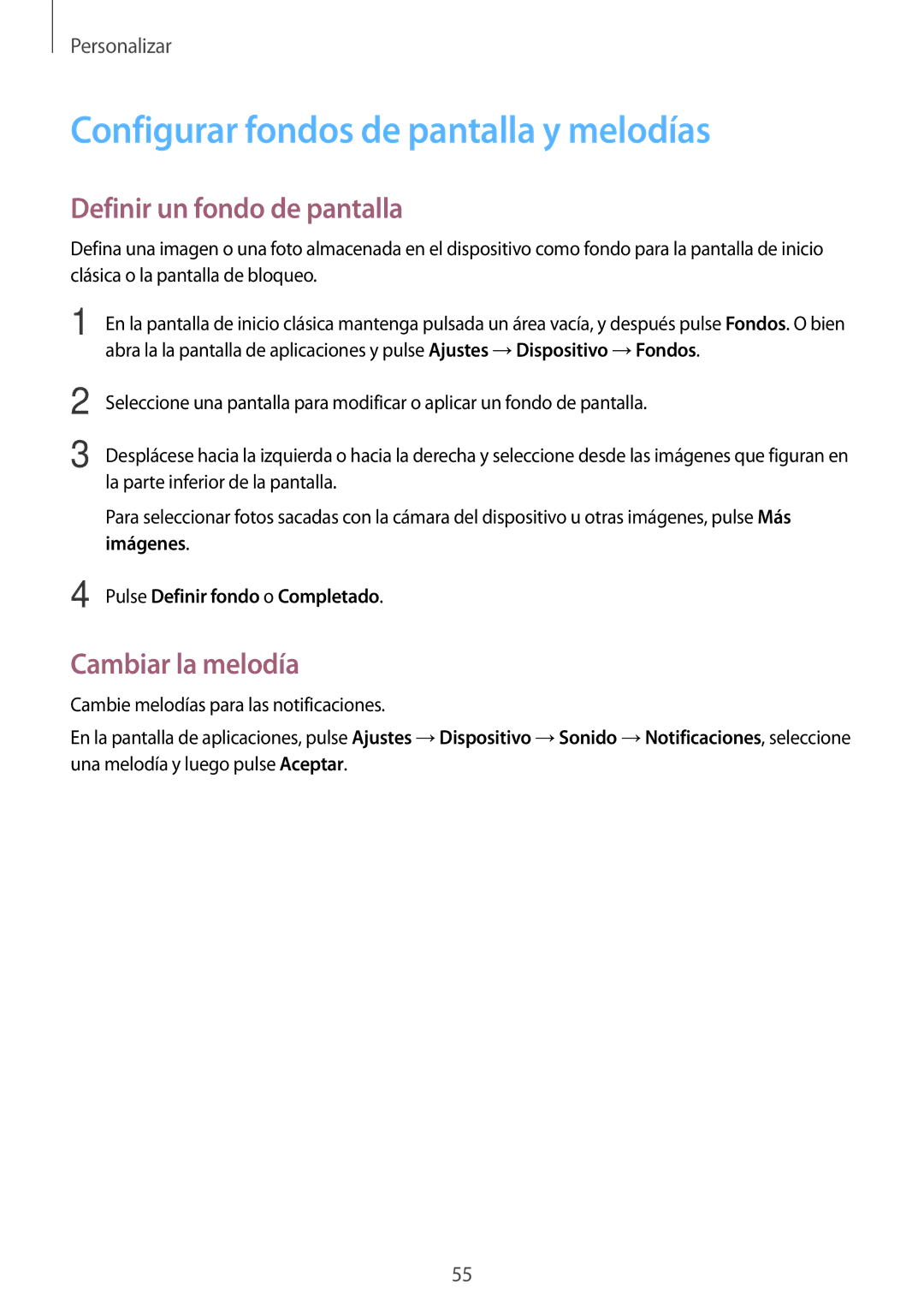 Samsung SM-T700NTSAXEH manual Configurar fondos de pantalla y melodías, Definir un fondo de pantalla, Cambiar la melodía 