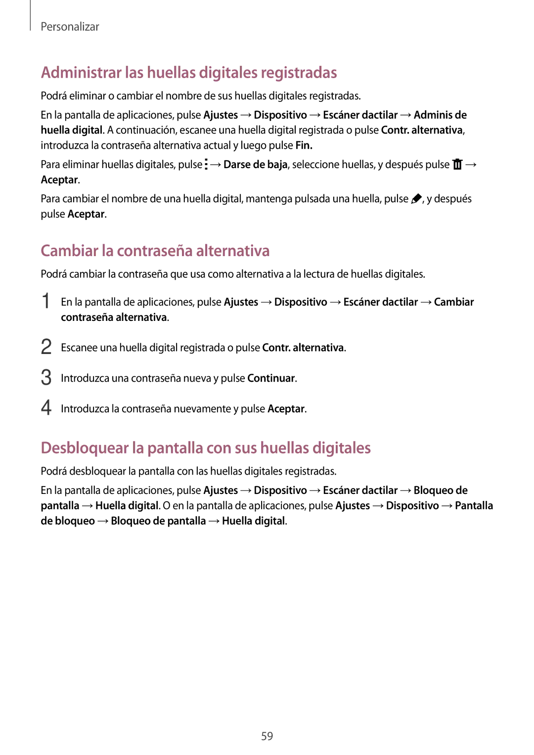 Samsung SM-T700NTSATPH, SM-T700NZWAXEO Administrar las huellas digitales registradas, Cambiar la contraseña alternativa 