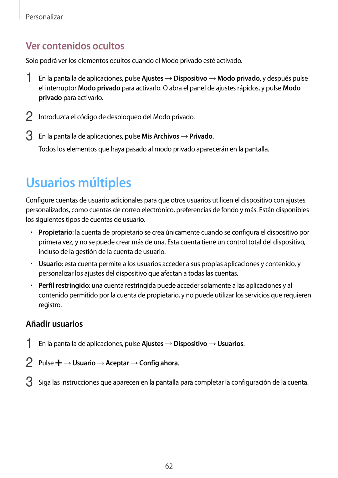 Samsung SM-T700NZWAPHE Usuarios múltiples, Ver contenidos ocultos, Añadir usuarios, Pulse →Usuario →Aceptar →Config ahora 