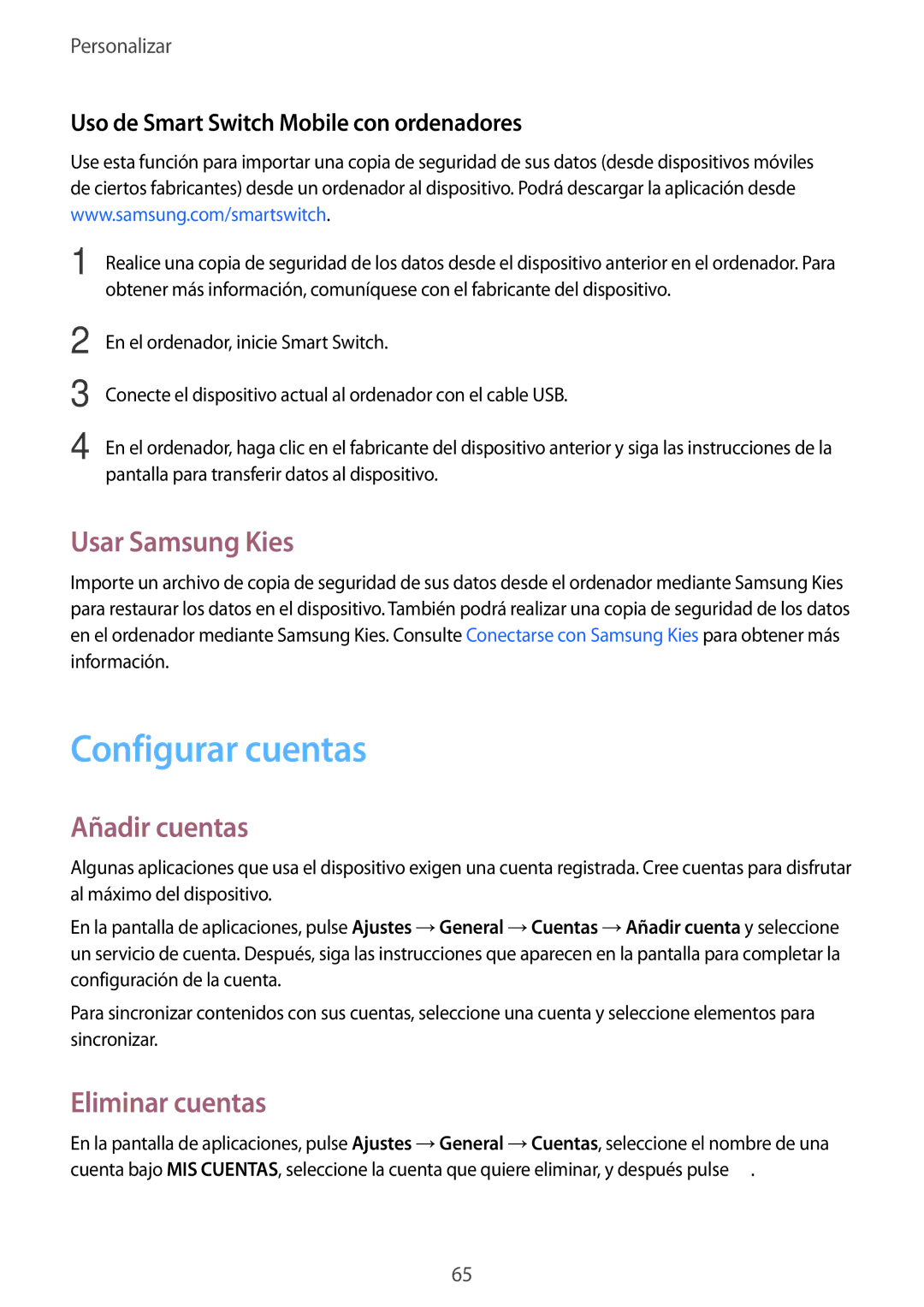 Samsung SM-T700NZWADBT, SM-T700NZWAXEO manual Configurar cuentas, Usar Samsung Kies, Añadir cuentas, Eliminar cuentas 