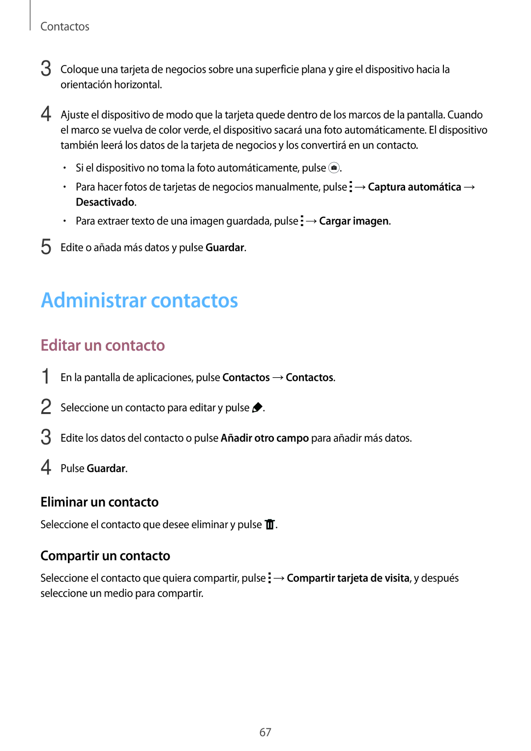 Samsung SM-T700NTSATPH manual Administrar contactos, Editar un contacto, Eliminar un contacto, Compartir un contacto 