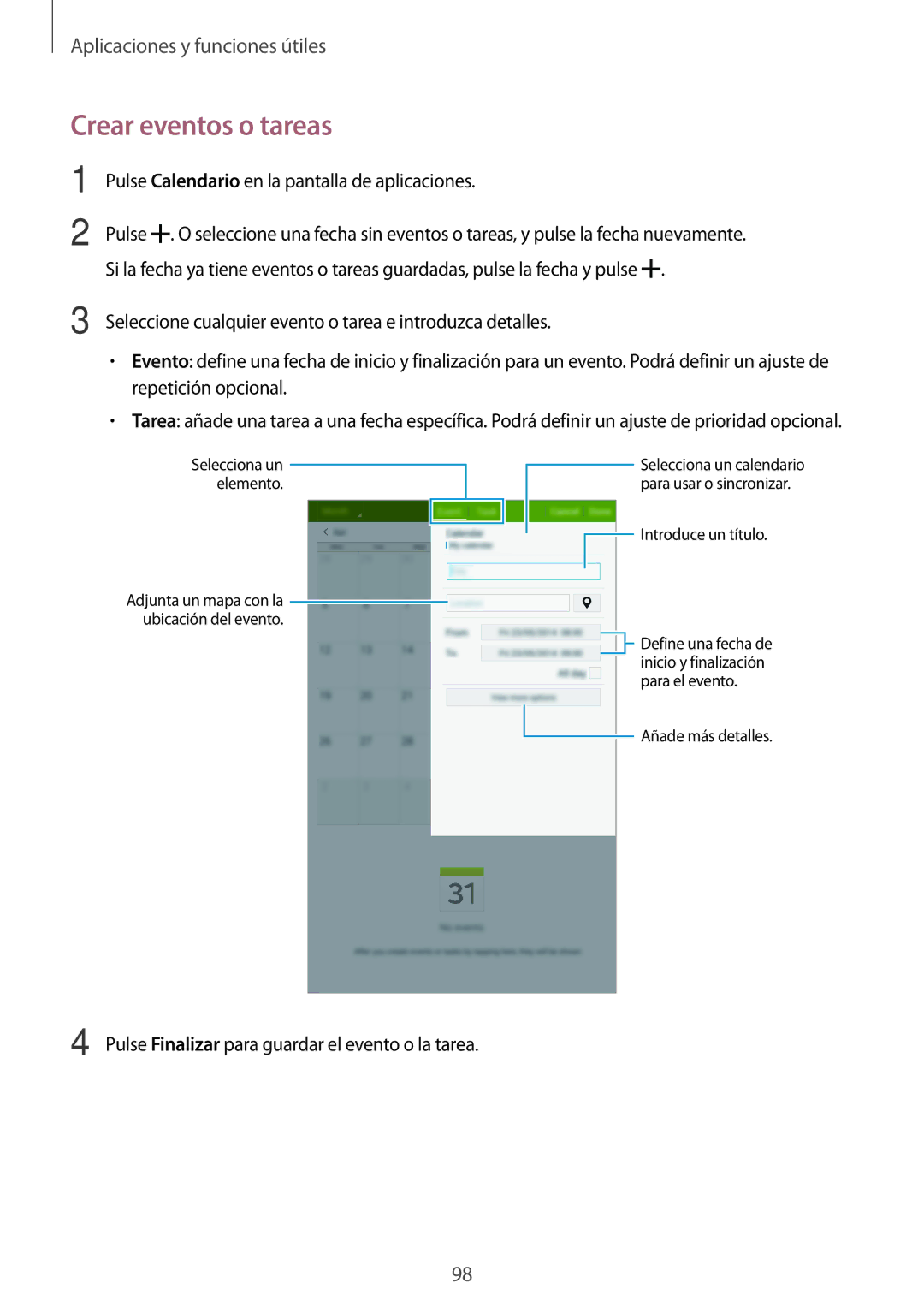 Samsung SM-T700NZWATPH, SM-T700NZWAXEO manual Crear eventos o tareas, Pulse Calendario en la pantalla de aplicaciones 