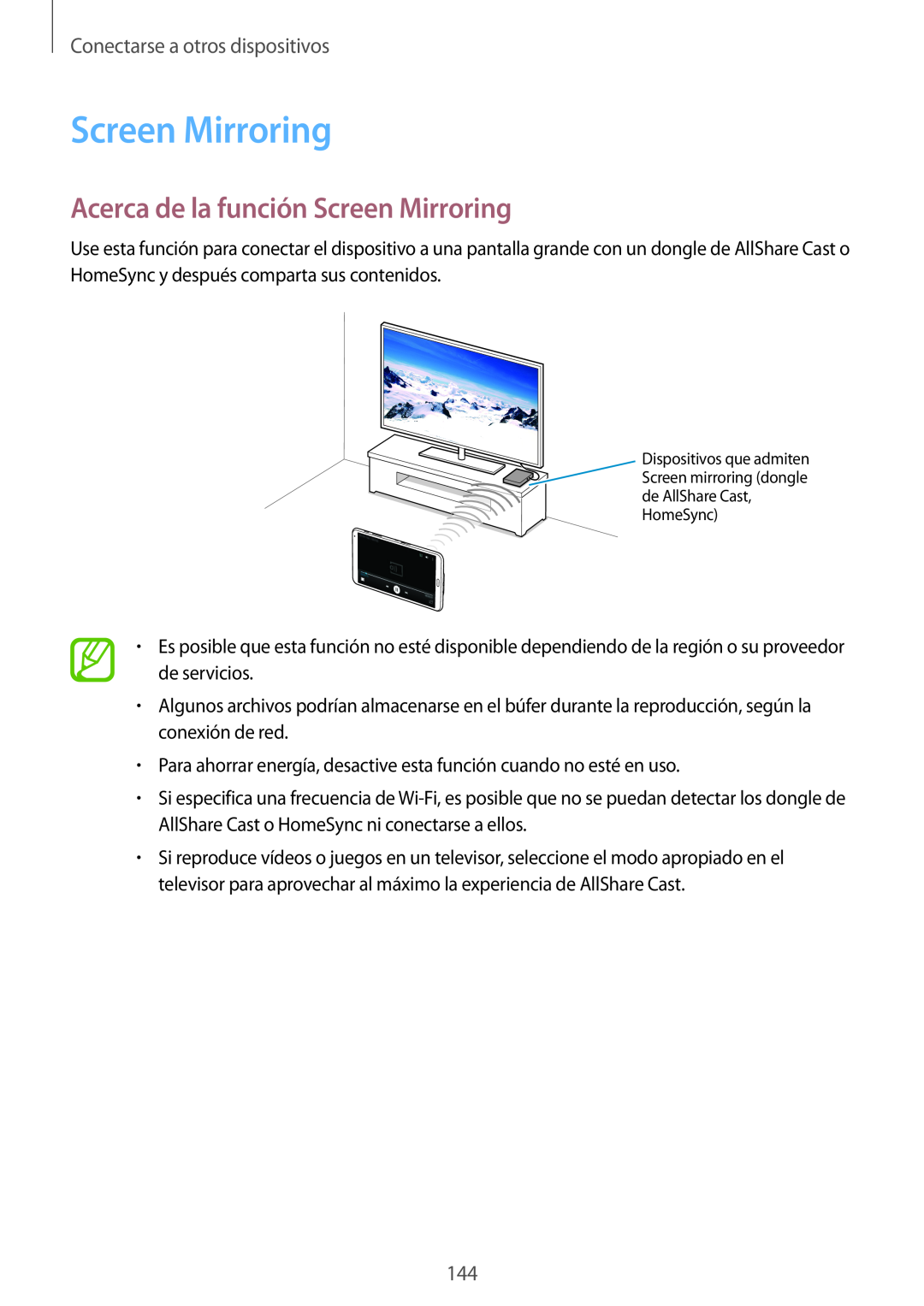 Samsung SM-T700NZWAXEO, SM-T700NZWADBT manual Acerca de la función Screen Mirroring, Conectarse a otros dispositivos 