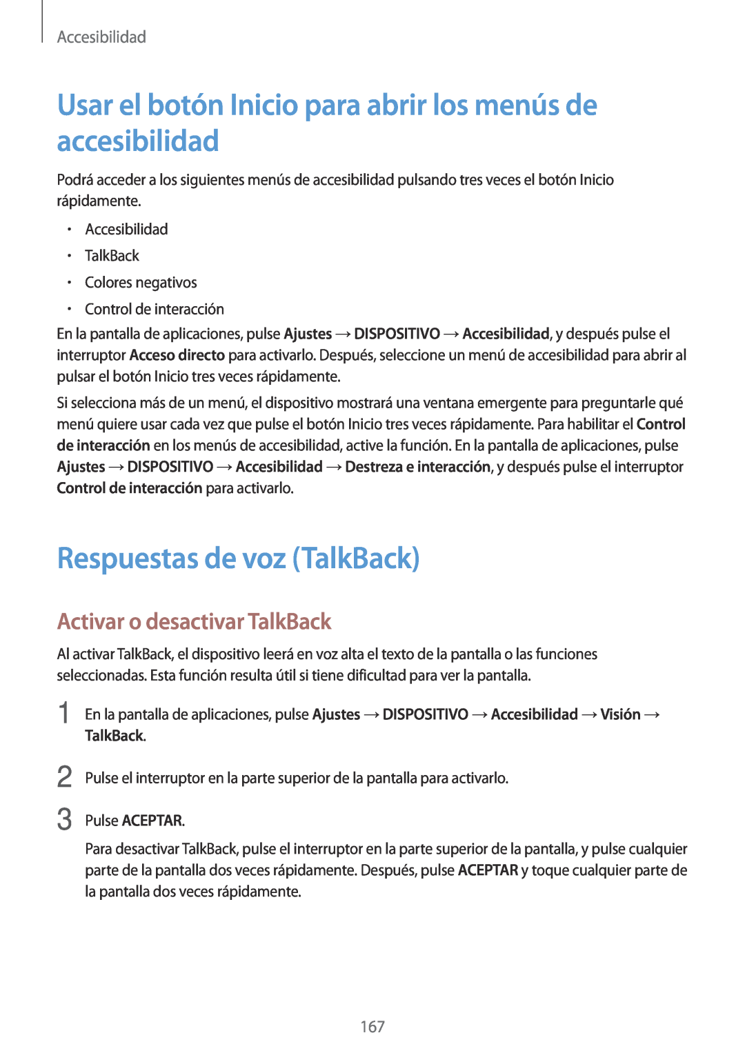 Samsung SM-T700NTSAXEH manual Usar el botón Inicio para abrir los menús de accesibilidad, Respuestas de voz TalkBack 