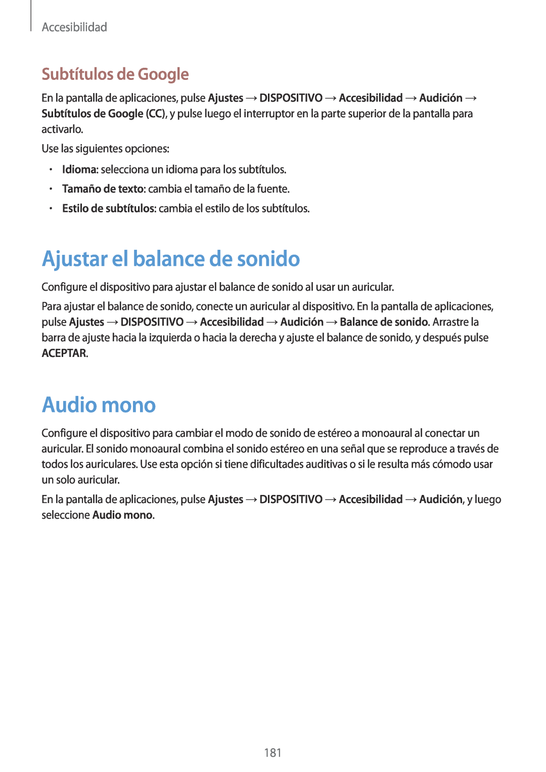Samsung SM-T700NTSATGY manual Ajustar el balance de sonido, Audio mono, Subtítulos de Google, Aceptar, Accesibilidad 