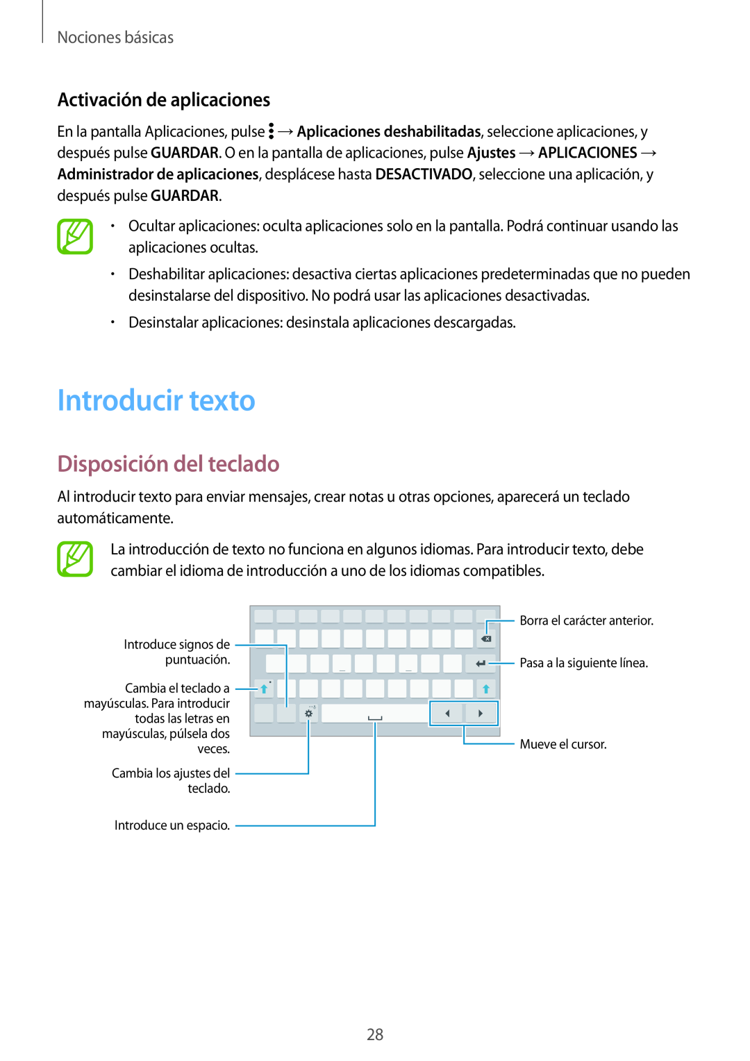 Samsung SM-T700NTSAPHE manual Introducir texto, Disposición del teclado, Activación de aplicaciones, Nociones básicas 