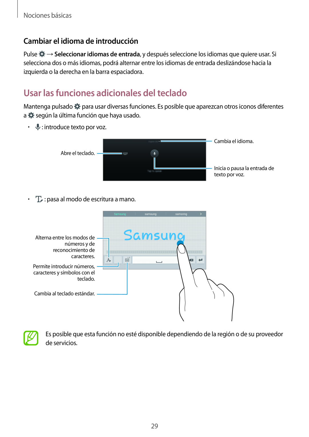 Samsung SM-T700NTSATGY Usar las funciones adicionales del teclado, Cambiar el idioma de introducción, Nociones básicas 