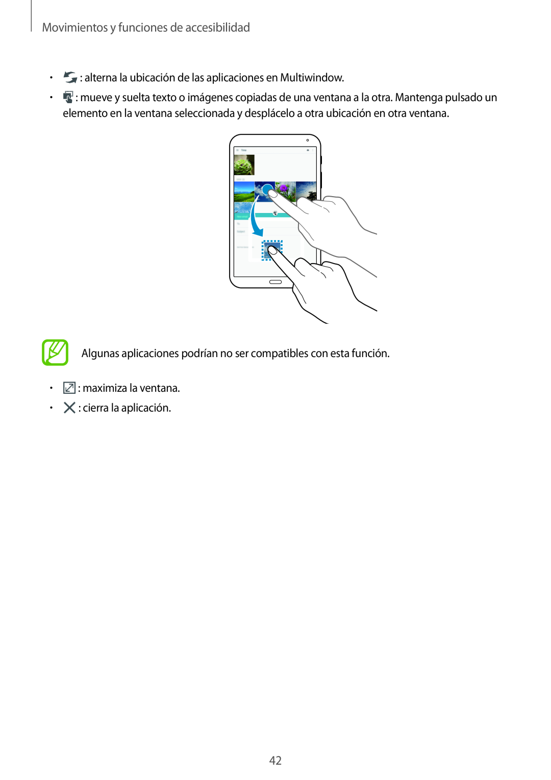Samsung SM-T700NZWATPH Movimientos y funciones de accesibilidad, alterna la ubicación de las aplicaciones en Multiwindow 