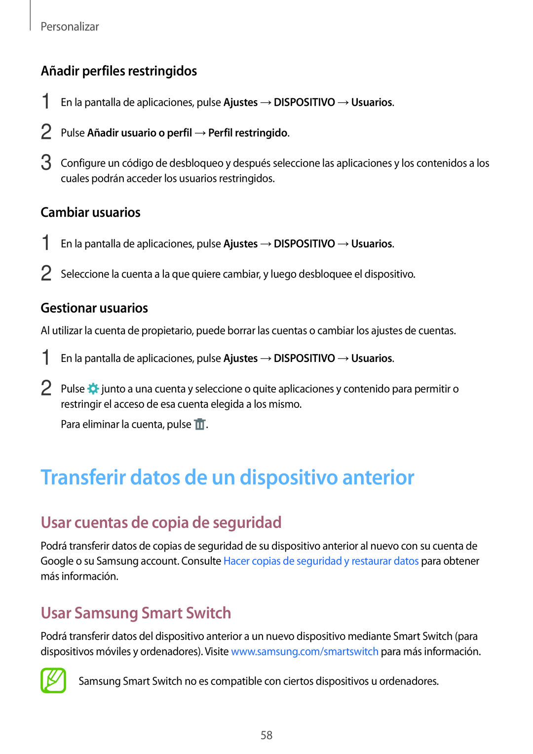 Samsung SM-T700NZWATPH Transferir datos de un dispositivo anterior, Usar cuentas de copia de seguridad, Cambiar usuarios 