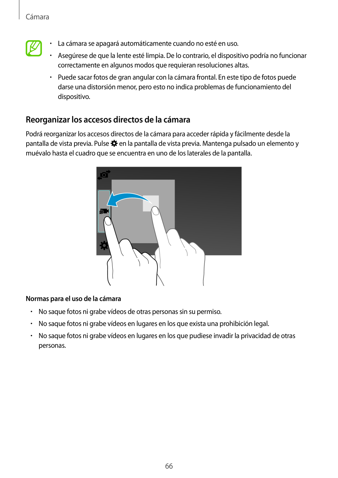 Samsung SM-T700NZWATPH manual Reorganizar los accesos directos de la cámara, Cámara, Normas para el uso de la cámara 