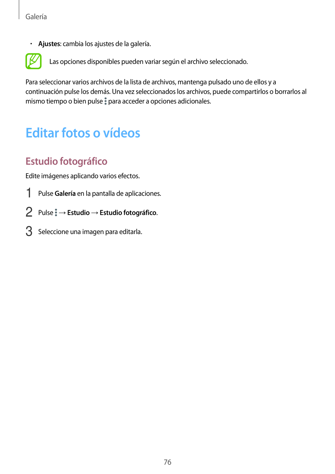 Samsung SM-T700NTSAPHE, SM-T700NZWAXEO manual Editar fotos o vídeos, Pulse → Estudio → Estudio fotográfico, Galería 