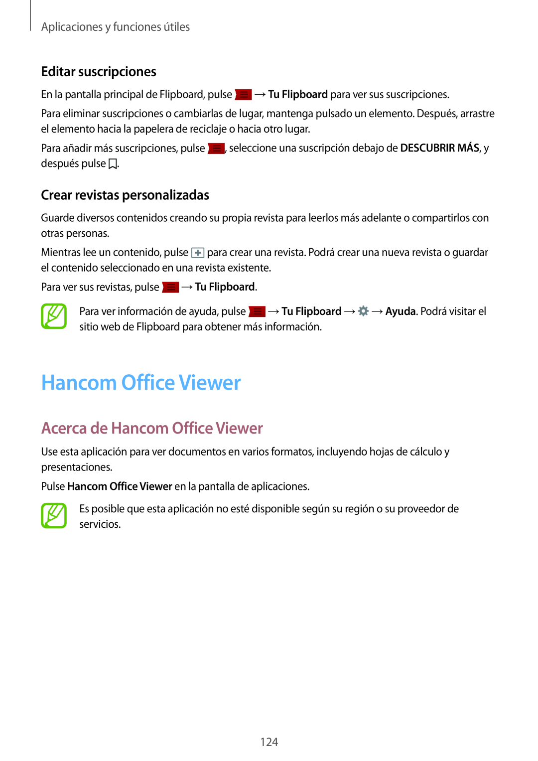 Samsung SM-T700NTSAPHE manual Acerca de Hancom Office Viewer, Editar suscripciones, Crear revistas personalizadas 