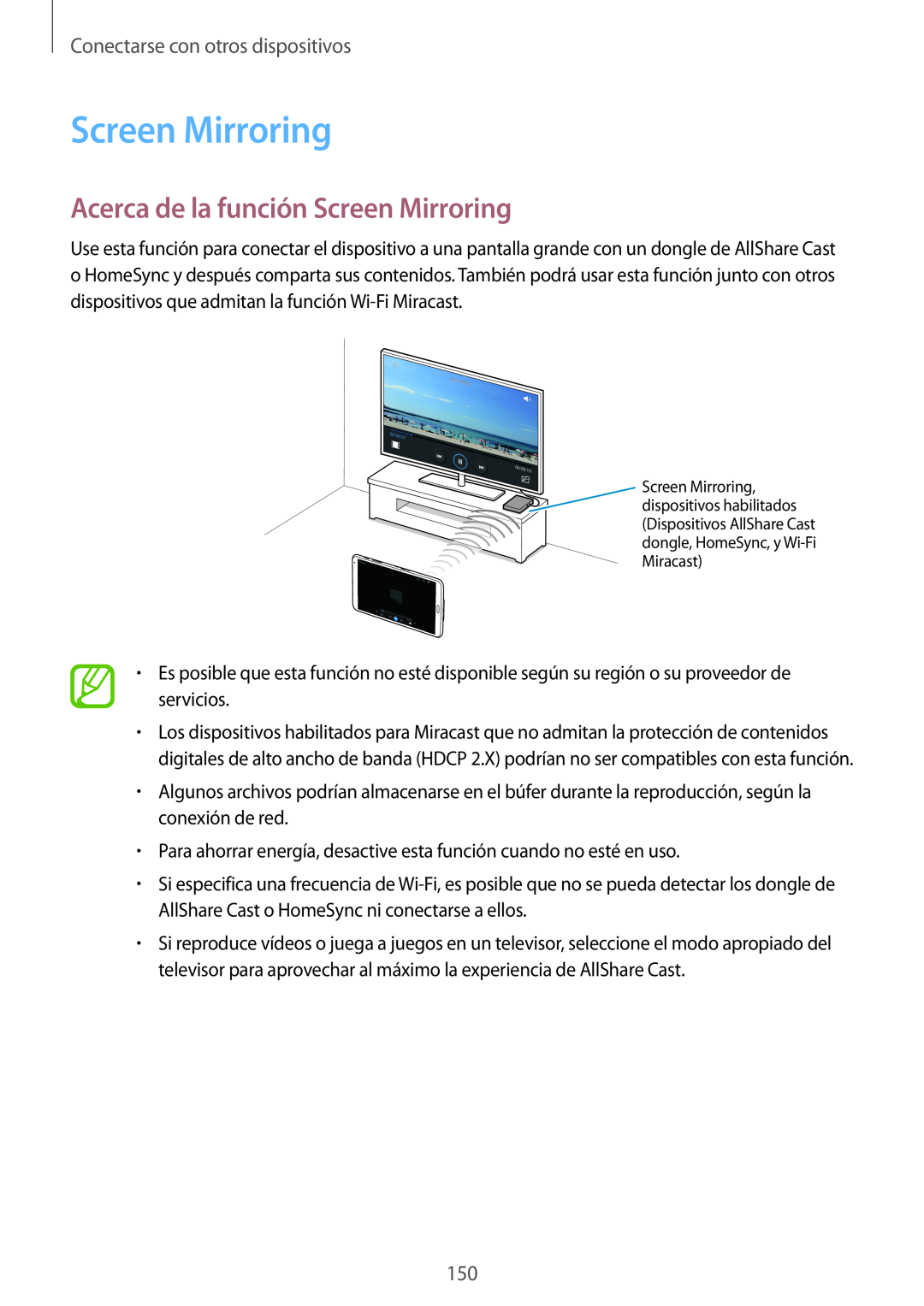 Samsung SM-T700NZWAPHE, SM-T700NZWAXEO manual Acerca de la función Screen Mirroring, Conectarse con otros dispositivos 