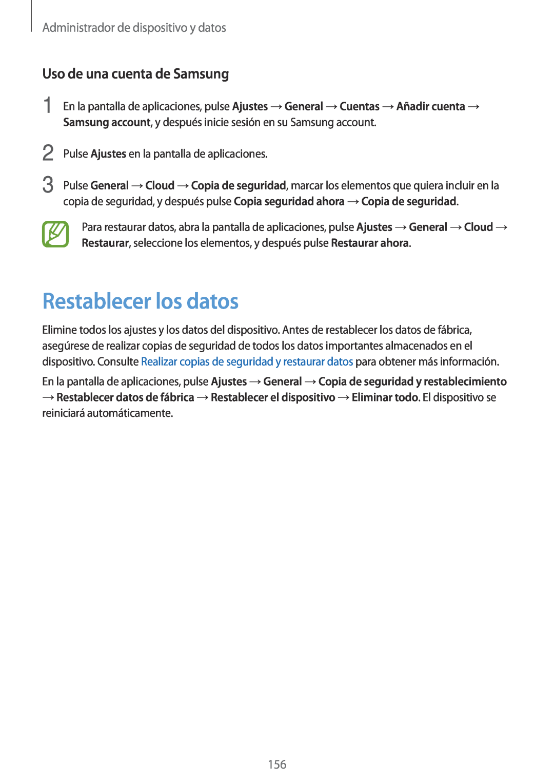 Samsung SM-T700NTSAPHE manual Restablecer los datos, Uso de una cuenta de Samsung, Administrador de dispositivo y datos 