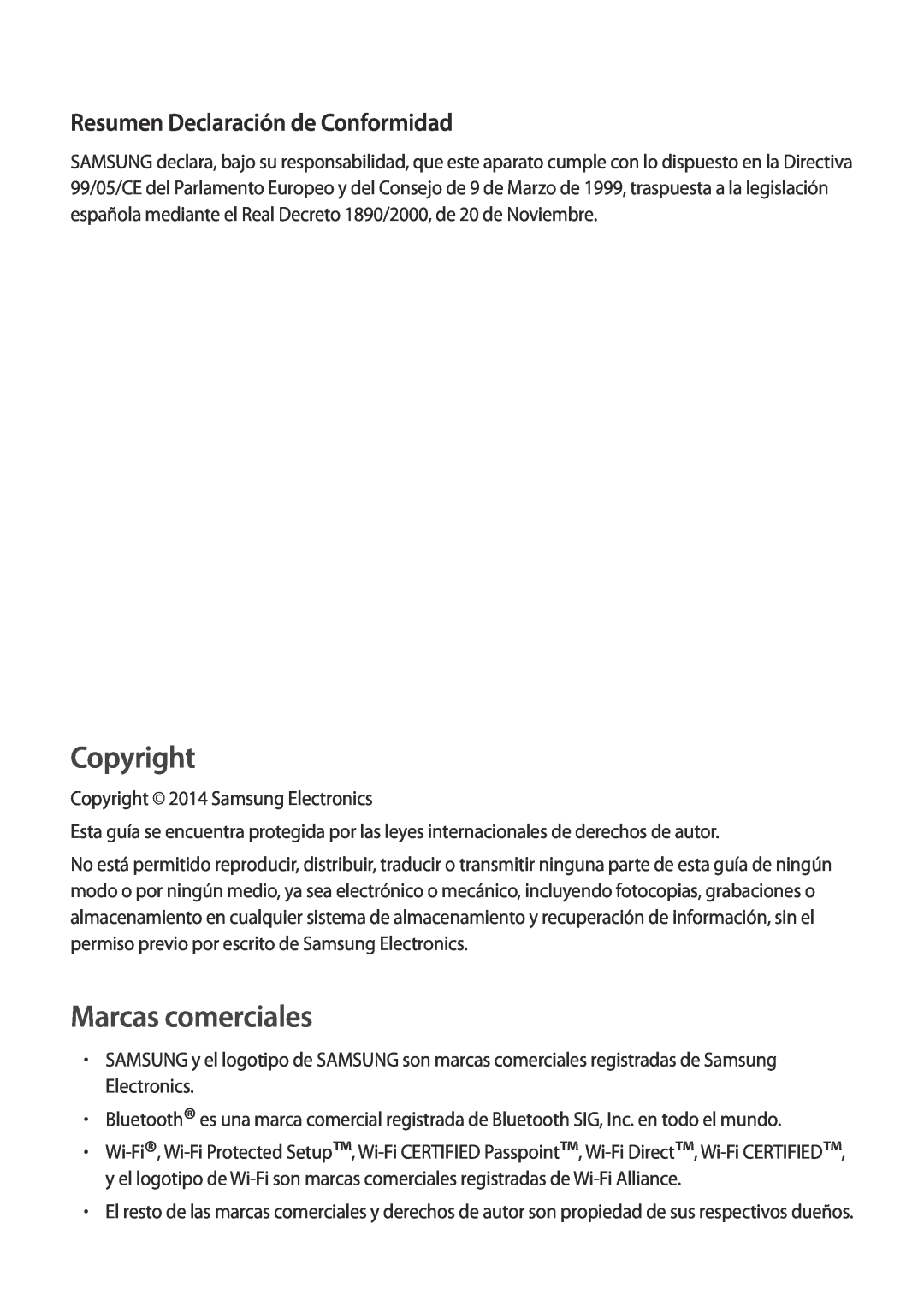 Samsung SM-T700NTSAPHE, SM-T700NZWAXEO, SM-T700NZWADBT Resumen Declaración de Conformidad, Copyright, Marcas comerciales 