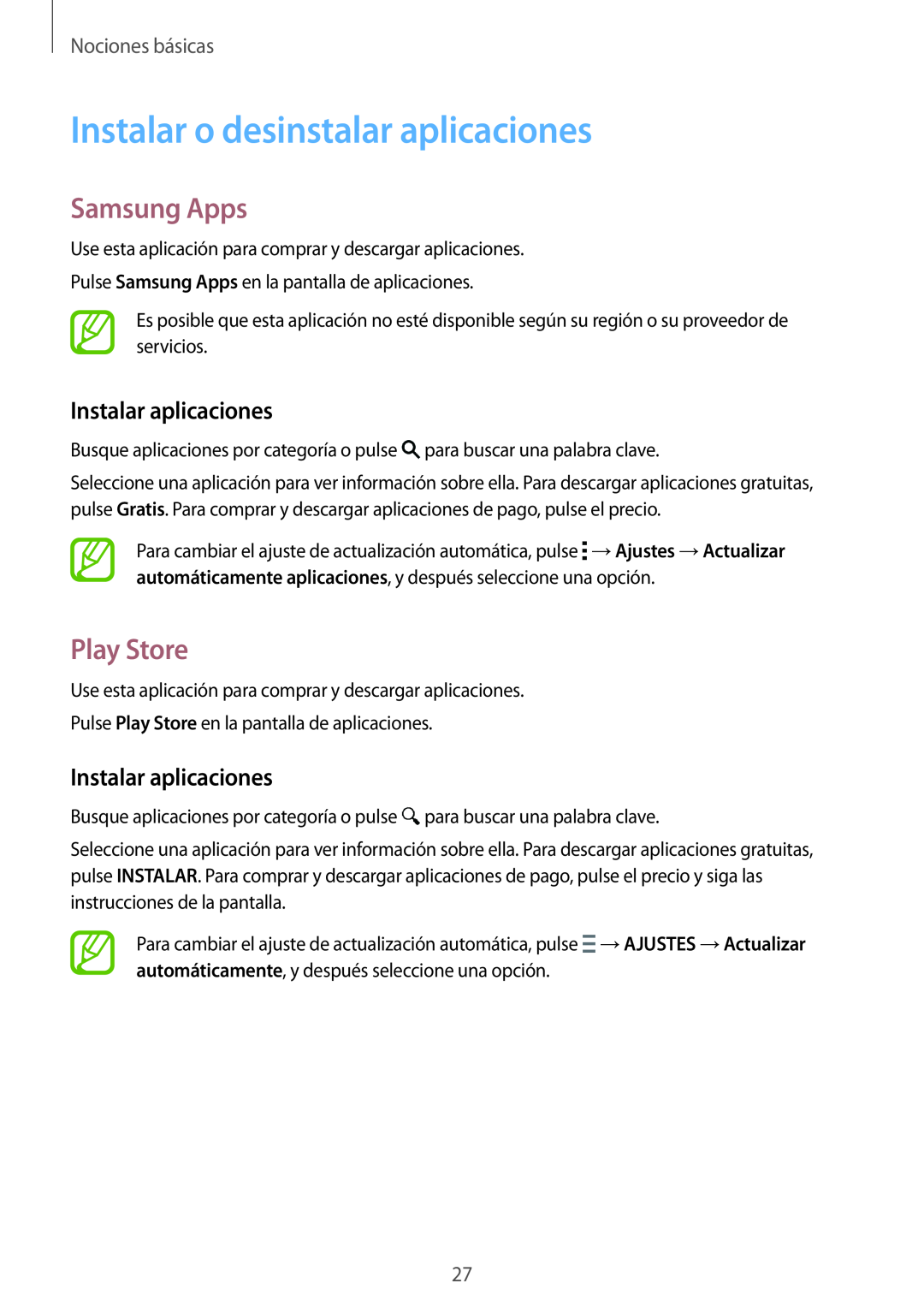 Samsung SM-T700NTSATPH manual Instalar o desinstalar aplicaciones, Samsung Apps, Play Store, Instalar aplicaciones 