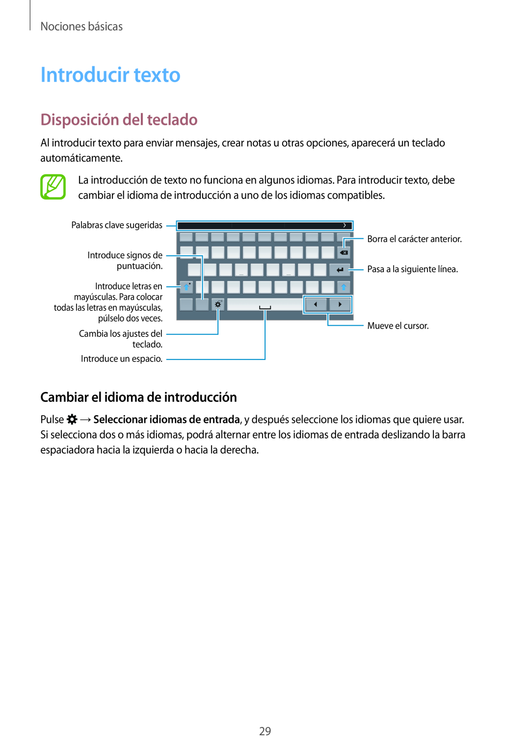 Samsung SM-T700NTSATGY Introducir texto, Disposición del teclado, Cambiar el idioma de introducción, Nociones básicas 