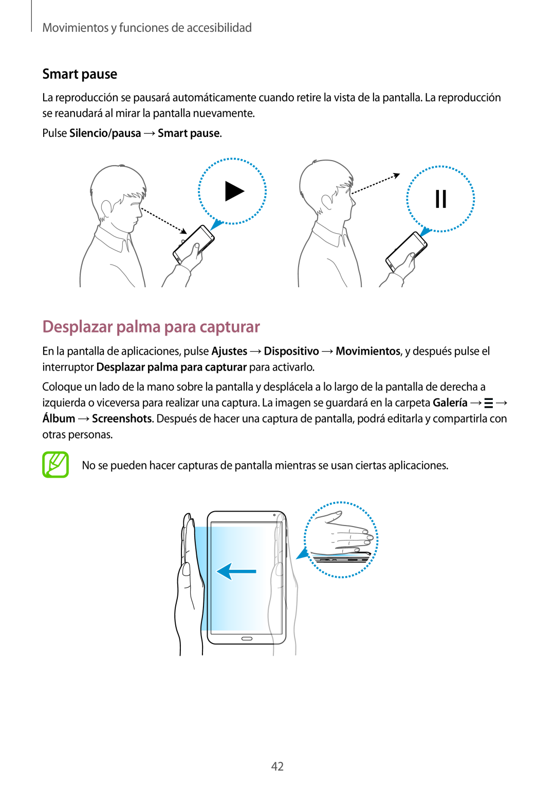 Samsung SM-T700NZWATPH manual Desplazar palma para capturar, Smart pause, Movimientos y funciones de accesibilidad 