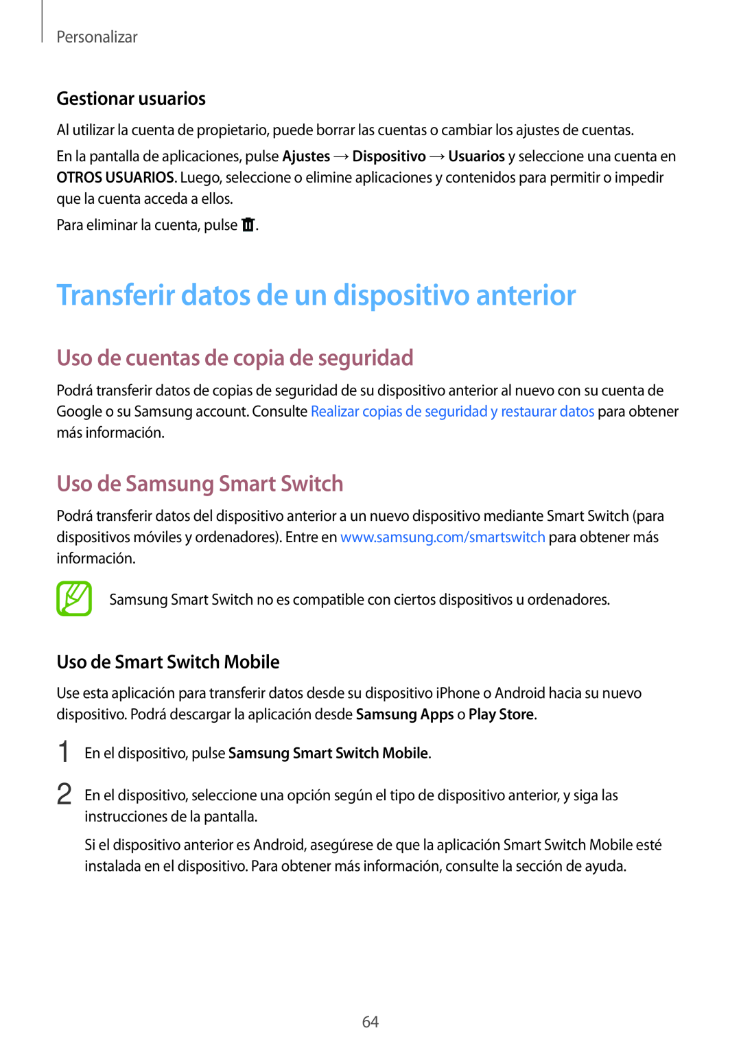 Samsung SM-T700NZWAXEO Transferir datos de un dispositivo anterior, Uso de cuentas de copia de seguridad, Personalizar 