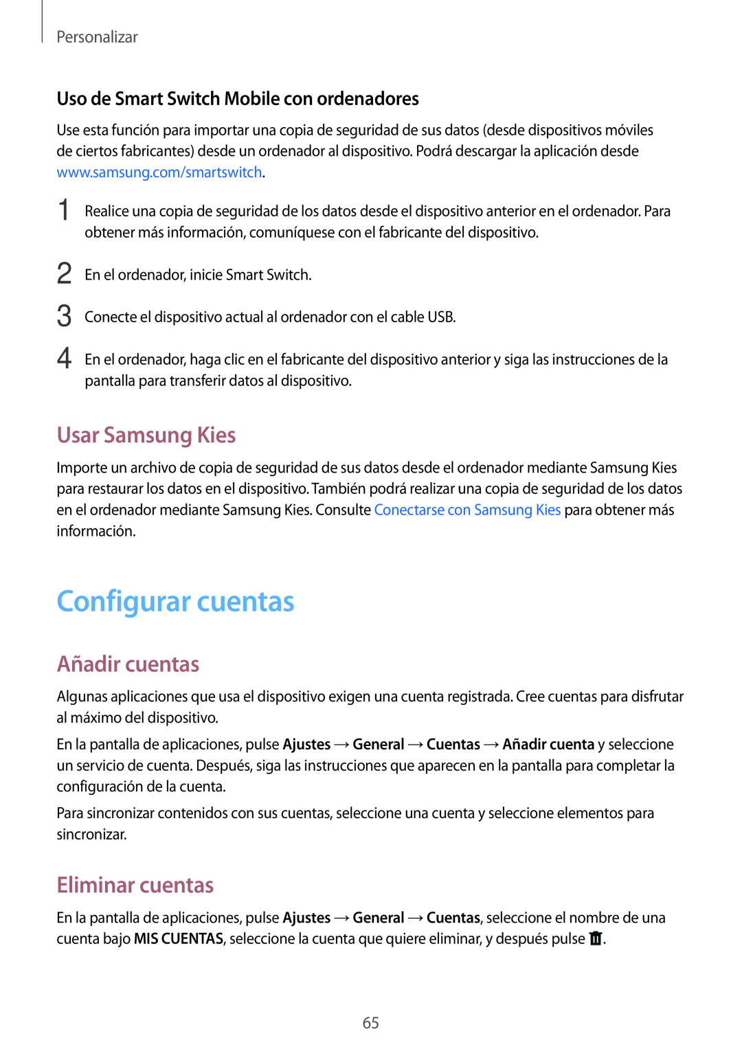 Samsung SM-T700NZWADBT manual Configurar cuentas, Usar Samsung Kies, Añadir cuentas, Eliminar cuentas, Personalizar 