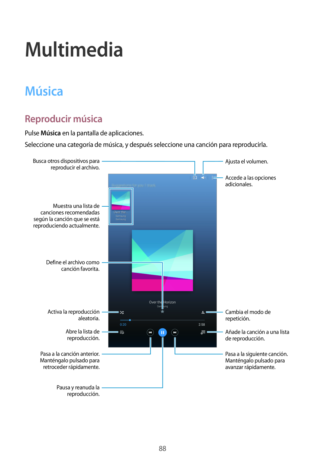 Samsung SM-T700NZWAXEO Multimedia, Música, Reproducir música, Activa la reproducción aleatoria, retroceder rápidamente 
