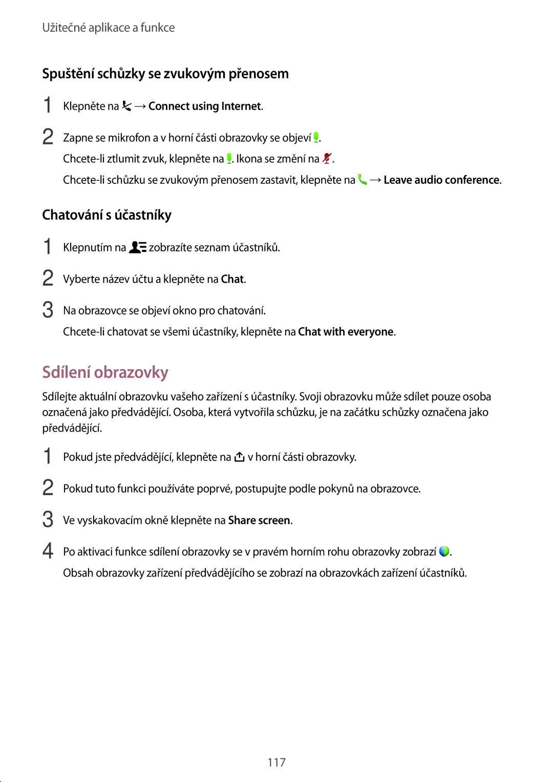 Samsung SM-T700NTSAXEO, SM-T700NZWAXEO Sdílení obrazovky, Spuštění schůzky se zvukovým přenosem, Chatování s účastníky 