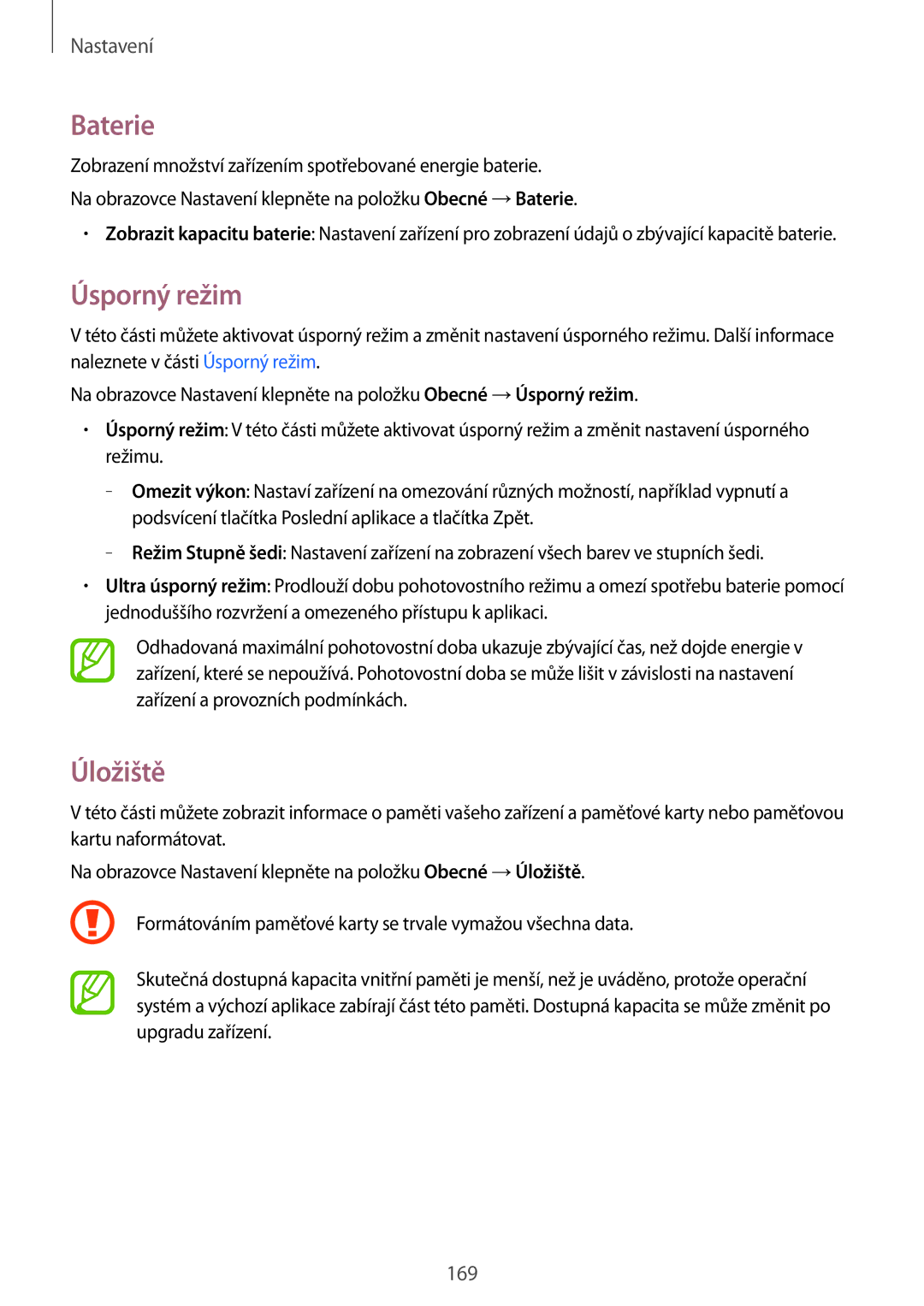 Samsung SM-T700NZWAEUR, SM-T700NZWAXEO, SM-T700NTSAEUR, SM-T700NTSAATO, SM-T700NZWAATO, SM-T700NTSAXEO manual Baterie, Úložiště 