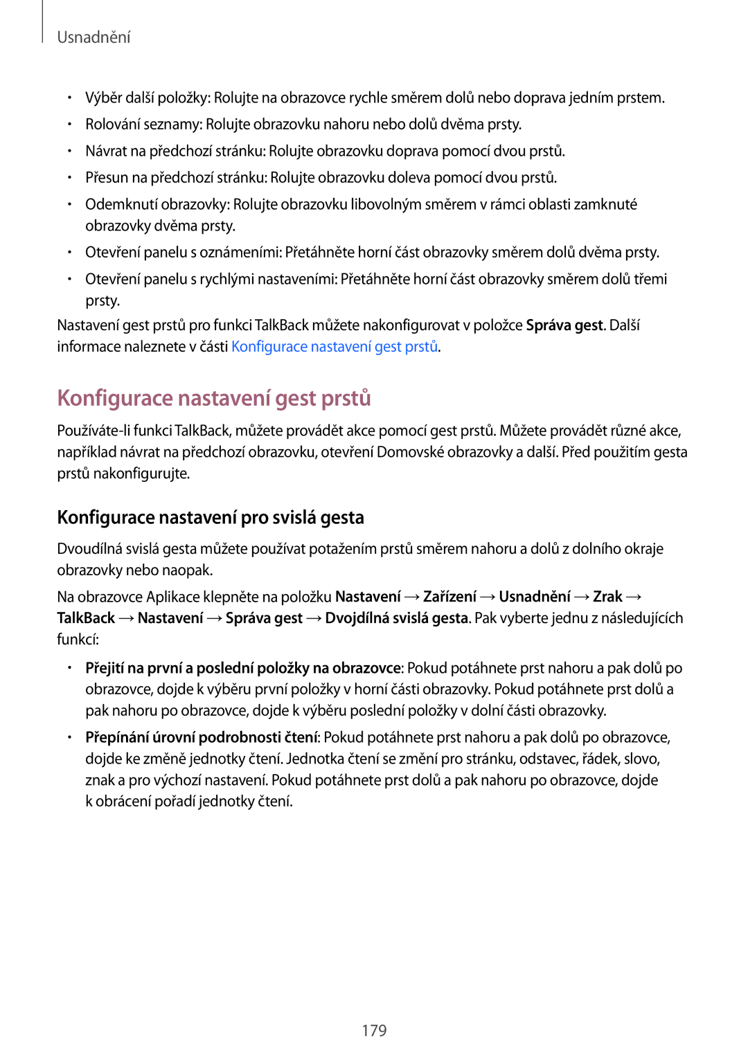 Samsung SM-T700NTSAXEZ, SM-T700NZWAXEO manual Konfigurace nastavení gest prstů, Konfigurace nastavení pro svislá gesta 