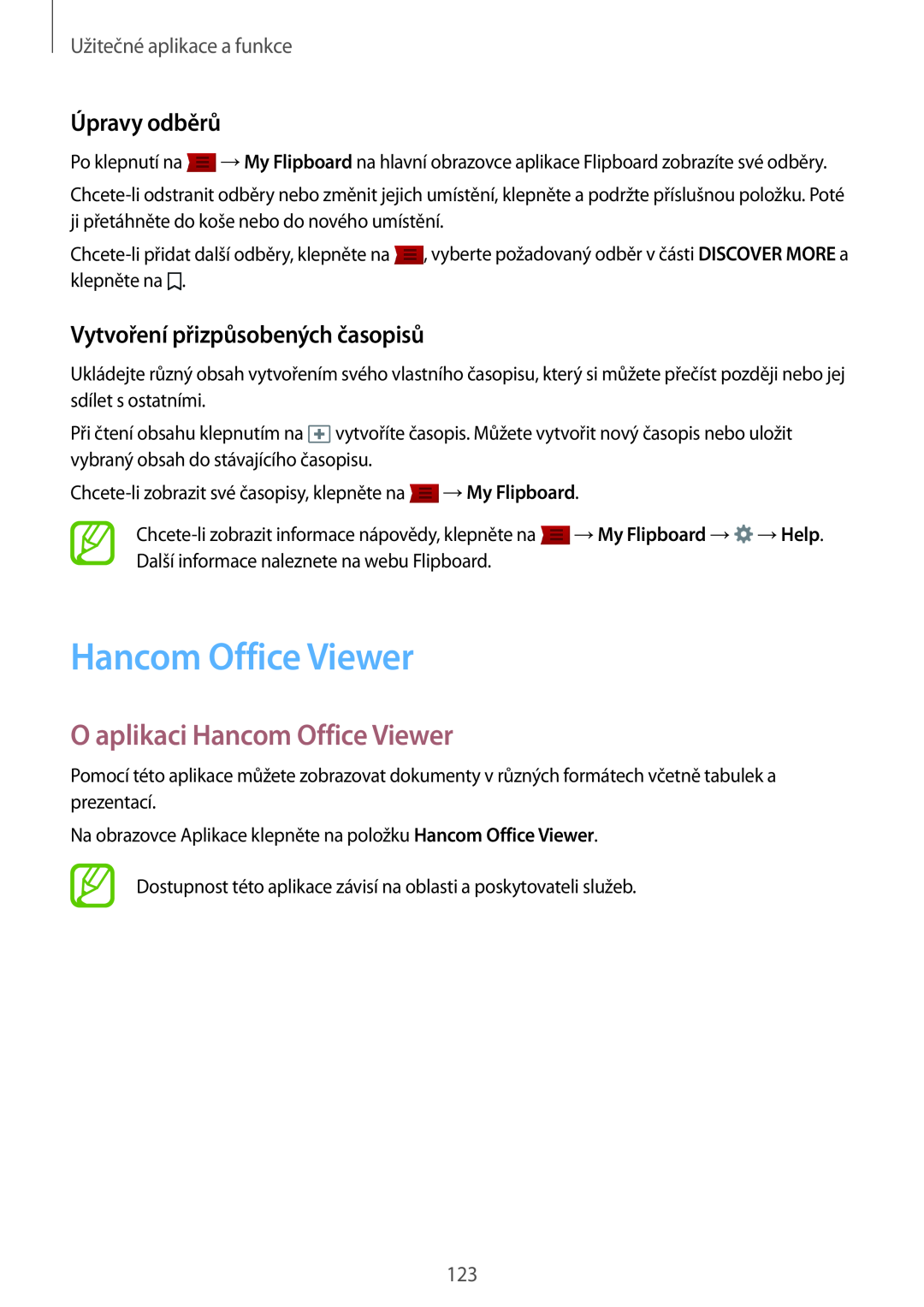 Samsung SM-T700NTSAXEZ manual O aplikaci Hancom Office Viewer, Úpravy odběrů, Vytvoření přizpůsobených časopisů 