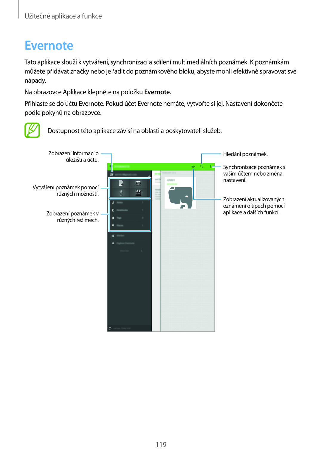 Samsung SM-T700NZWAXSK manual Evernote, Užitečné aplikace a funkce, Zobrazení poznámek různých režimech, Hledání poznámek 