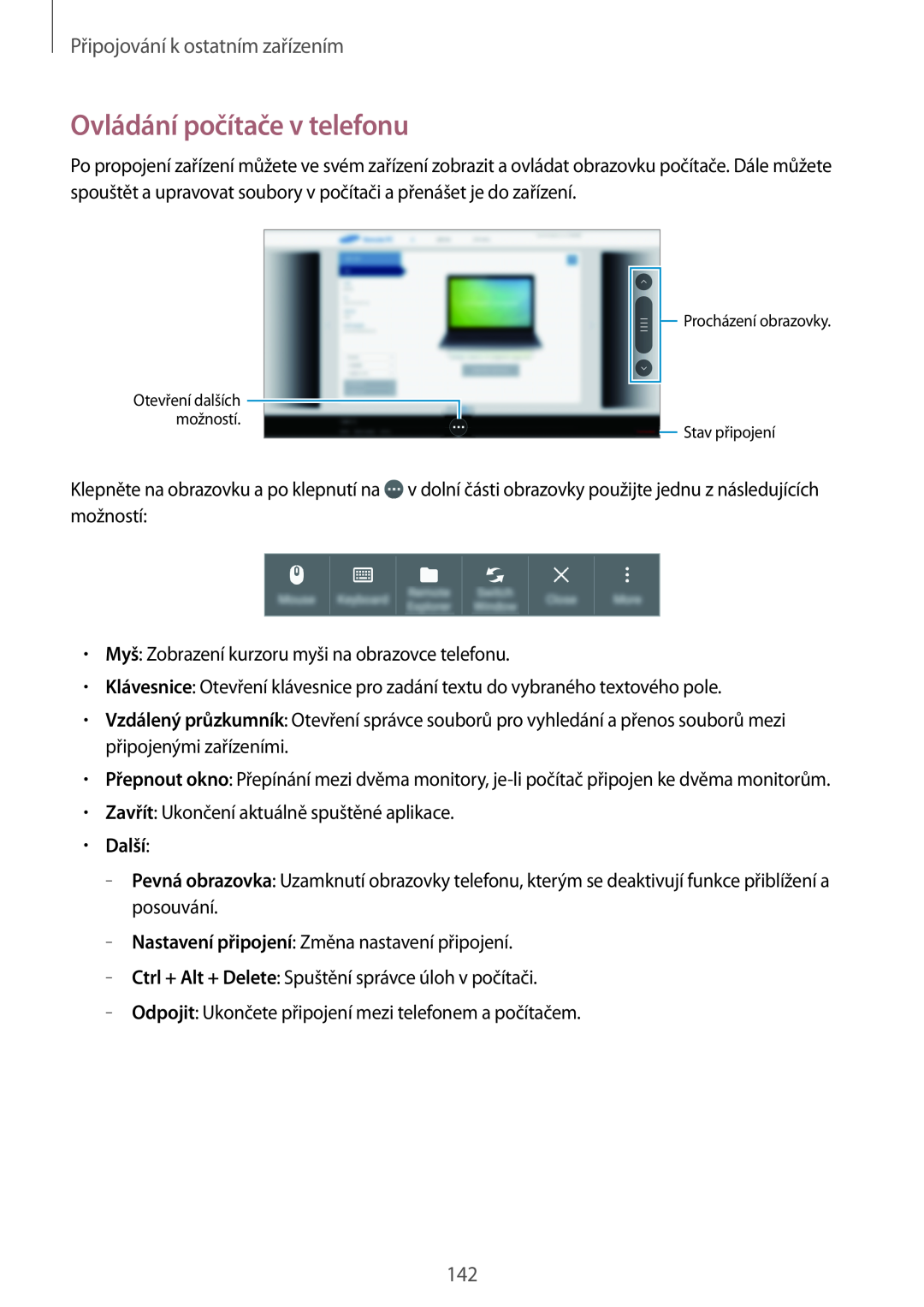 Samsung SM-T700NTSAEUR, SM-T700NZWAXEO manual Ovládání počítače v telefonu, Další, Připojování k ostatním zařízením 