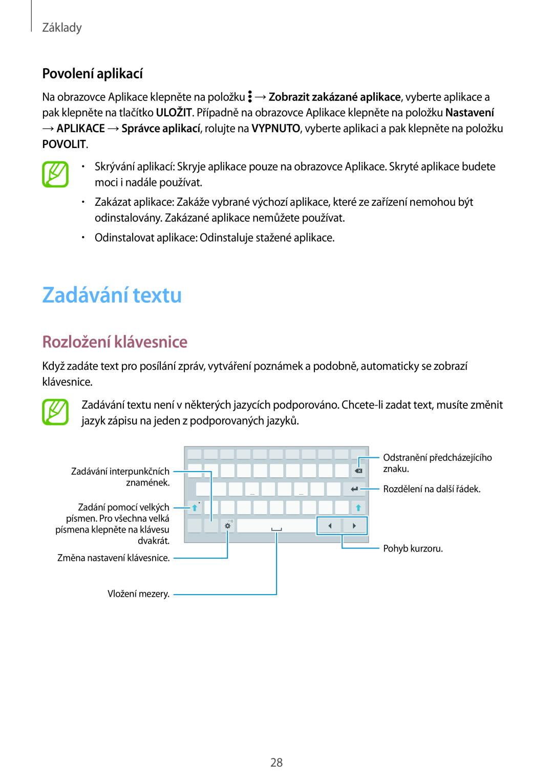 Samsung SM-T700NZWAXEO, SM-T700NZWAEUR manual Zadávání textu, Rozložení klávesnice, Povolení aplikací, Povolit, Základy 