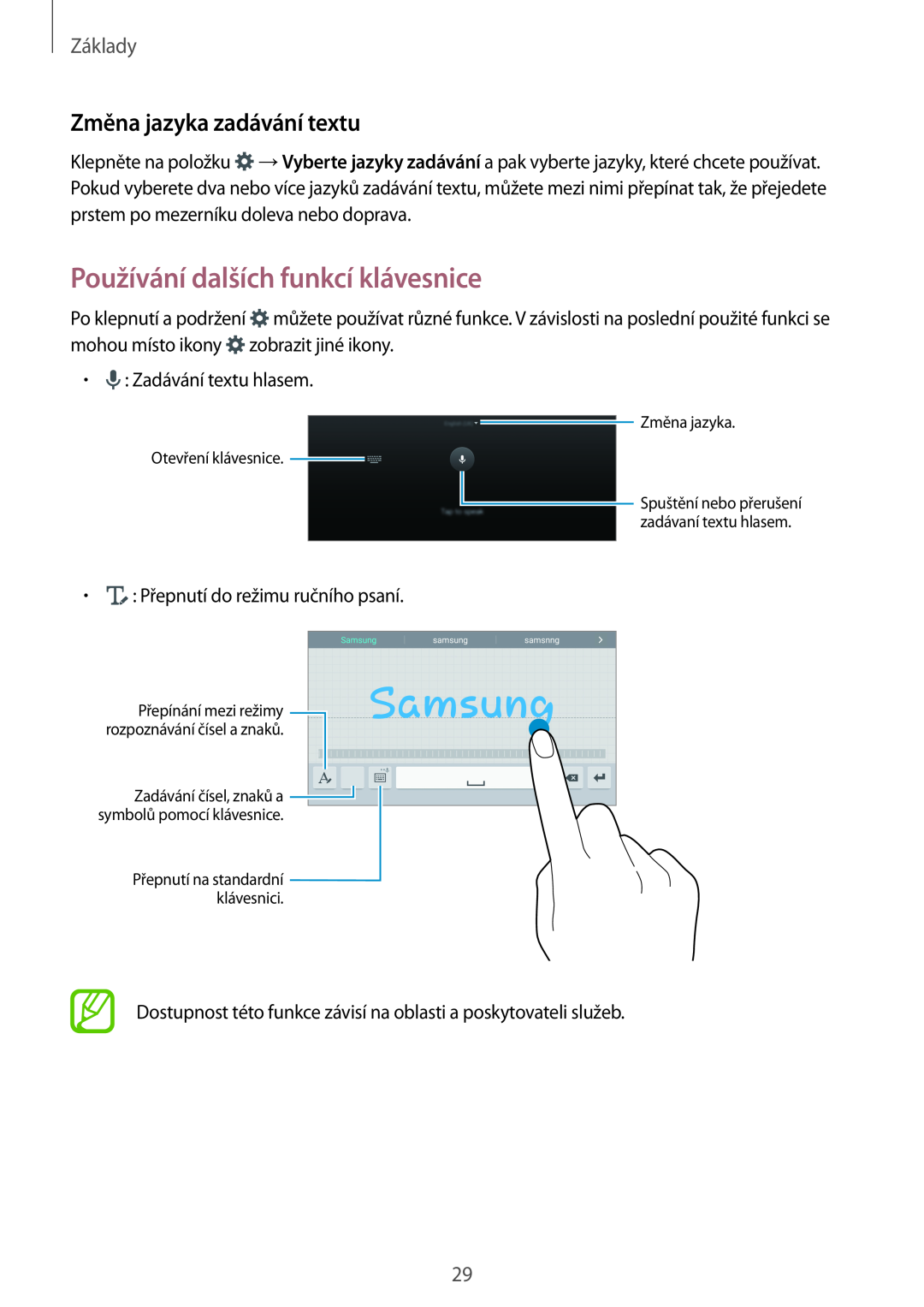 Samsung SM-T700NZWAEUR, SM-T700NZWAXEO manual Používání dalších funkcí klávesnice, Změna jazyka zadávání textu, Základy 