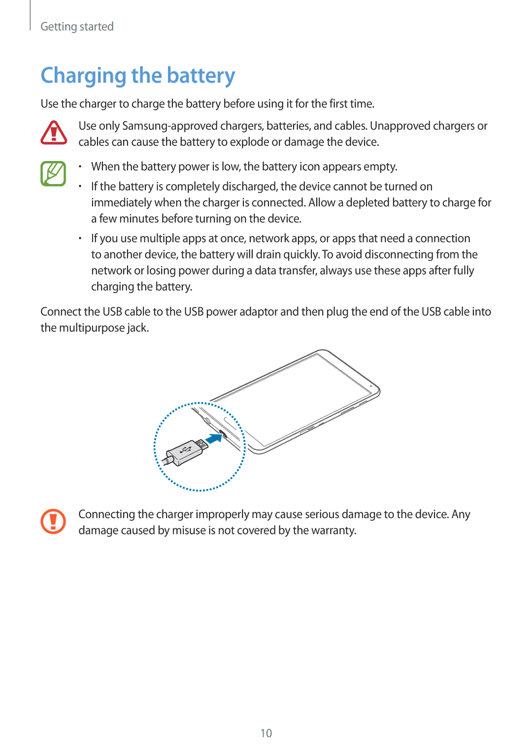 Samsung SM-T700NHAADBT, SM-T700NZWAXEO, SM-T700NZWASEB, SM-T700NZWADBT, SM-T700NTSADBT, SM-T700NZWATPH Charging the battery 