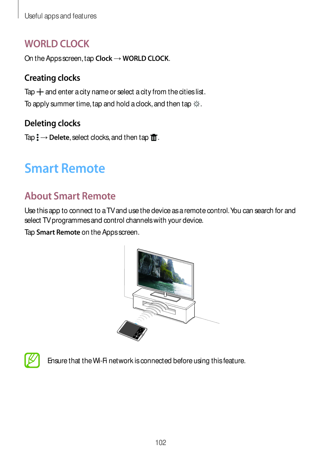 Samsung SM-T700NHAADBT, SM-T700NZWAXEO, SM-T700NZWASEB manual About Smart Remote, Creating clocks, Deleting clocks 